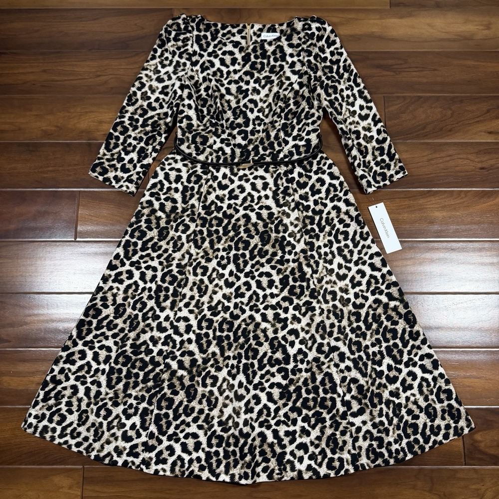 Calvin Klein Women's Size 6 Animal Printed A Line Midi Dress Belted